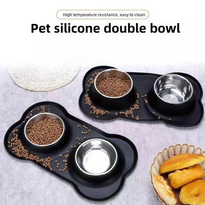 Non Slip Silicone Stainless Steel Double Bowl Pet Dog Cat Water Food Bowl