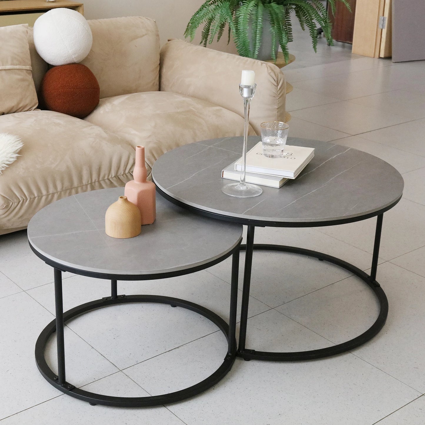 Modern Nesting Round Grey Marble Coffee Table Set for Space Saving