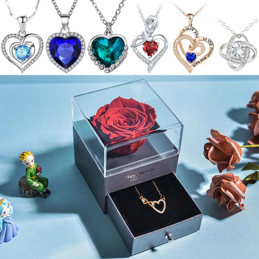 Preserved Rose Flower Necklace Jewelry Gift Box Set