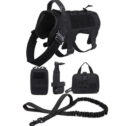 M-L Pet Dog Tactical Harness Training Vest With Bags Leash Lead Set