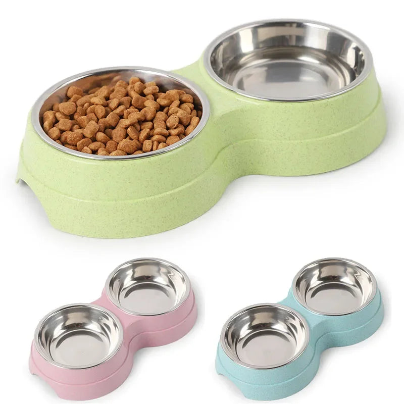 Pet Dog Cat Stainless Steel Double Food Water Bowls