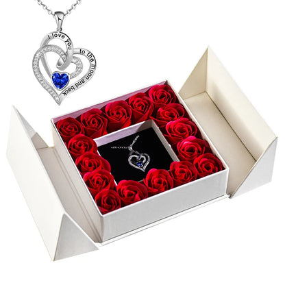 Eternal Soap Rose Flower w Blue Crystal Heart Necklace Pendant Jewelry Gift Box Set