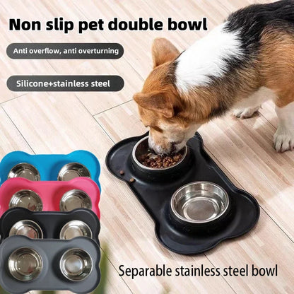 Non Slip Silicone Stainless Steel Double Bowl Pet Dog Cat Water Food Bowl