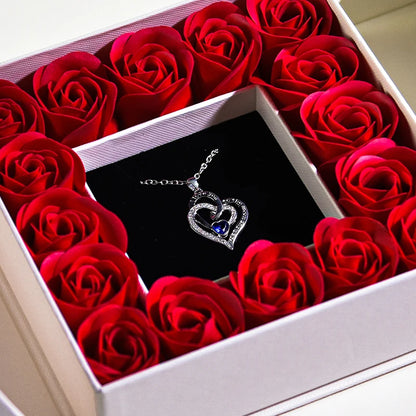 Eternal Soap Rose Flower w Blue Crystal Heart Necklace Pendant Jewelry Gift Box Set