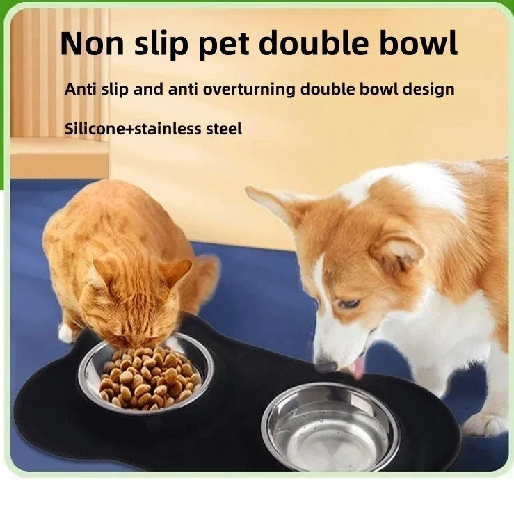 Non Slip Silicone Stainless Steel Double Bowl Pet Dog Cat Water Food Bowl