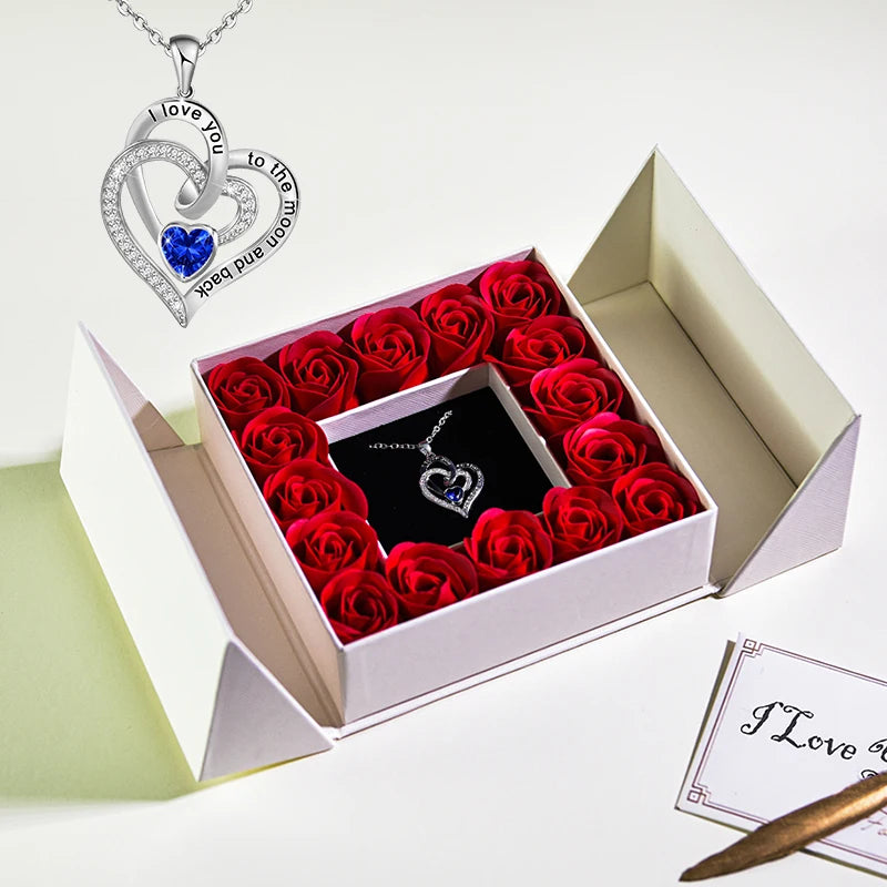 Eternal Soap Rose Flower w Blue Crystal Heart Necklace Pendant Jewelry Gift Box Set