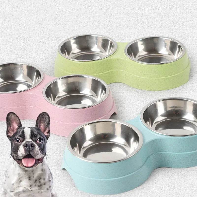 Pet Dog Cat Stainless Steel Double Food Water Bowls