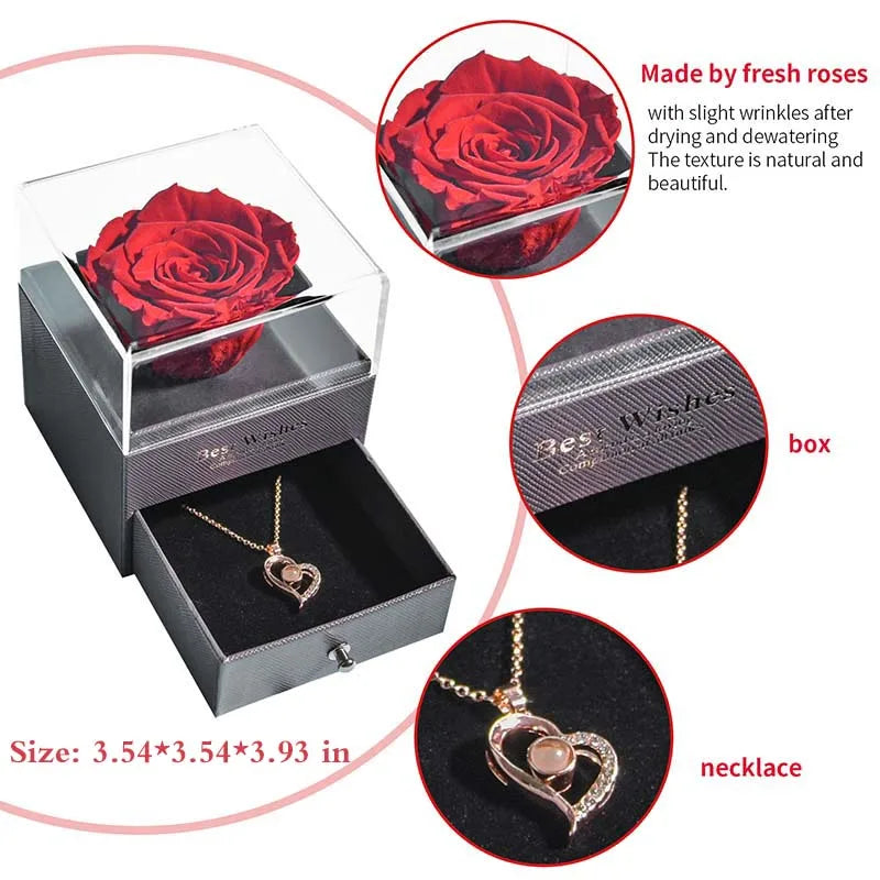 Preserved Rose Flower Necklace Jewelry Gift Box Set