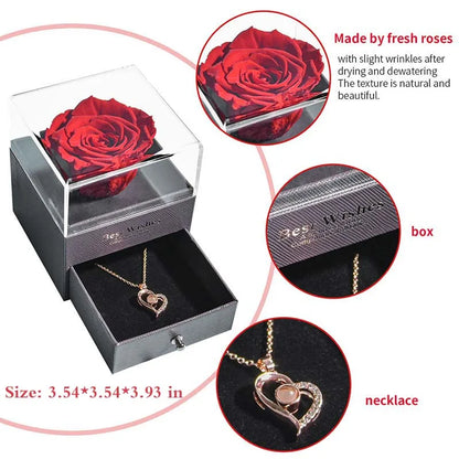 Preserved Rose Flower Necklace Jewelry Gift Box Set