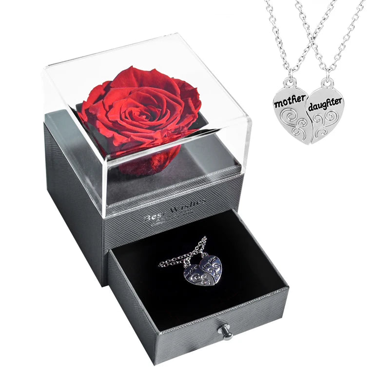 Preserved Rose Flower Necklace Jewelry Gift Box Set