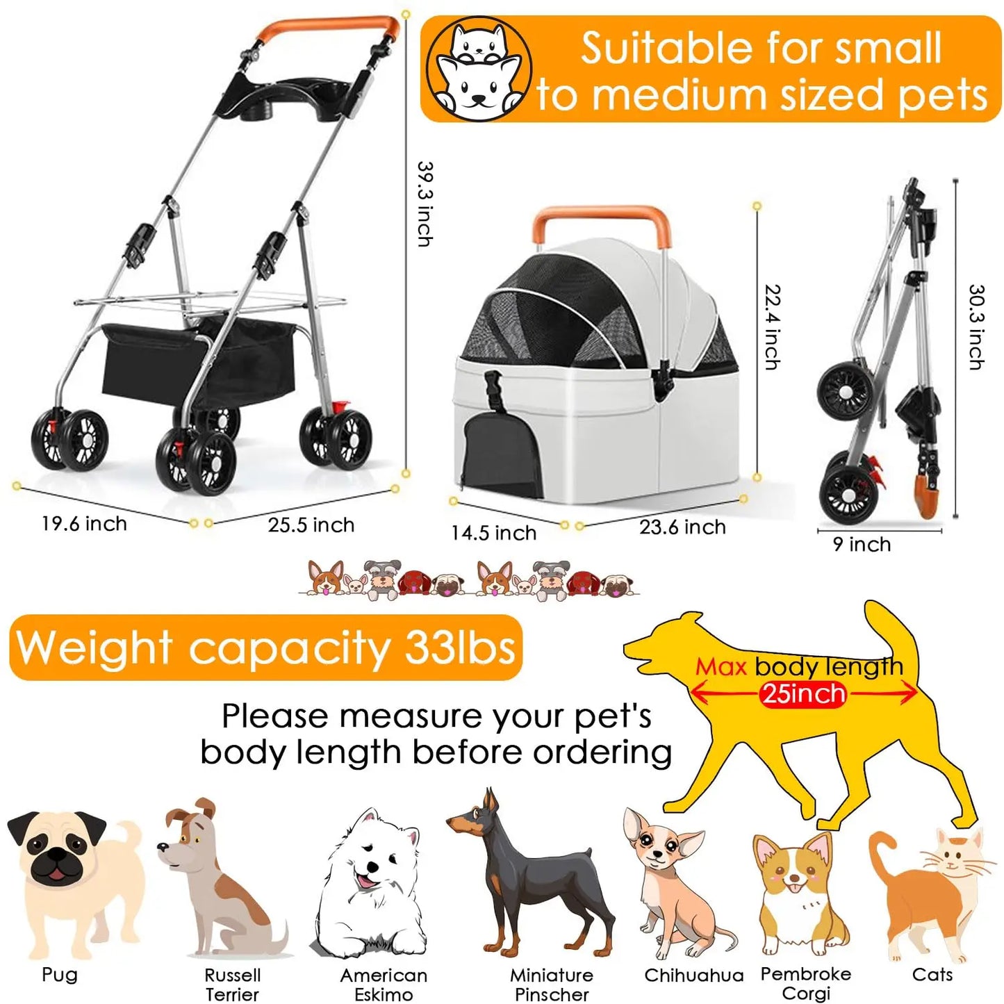 Portable Foldable Pet Dog Cat Stroller Carrier Food Water Bowl Set