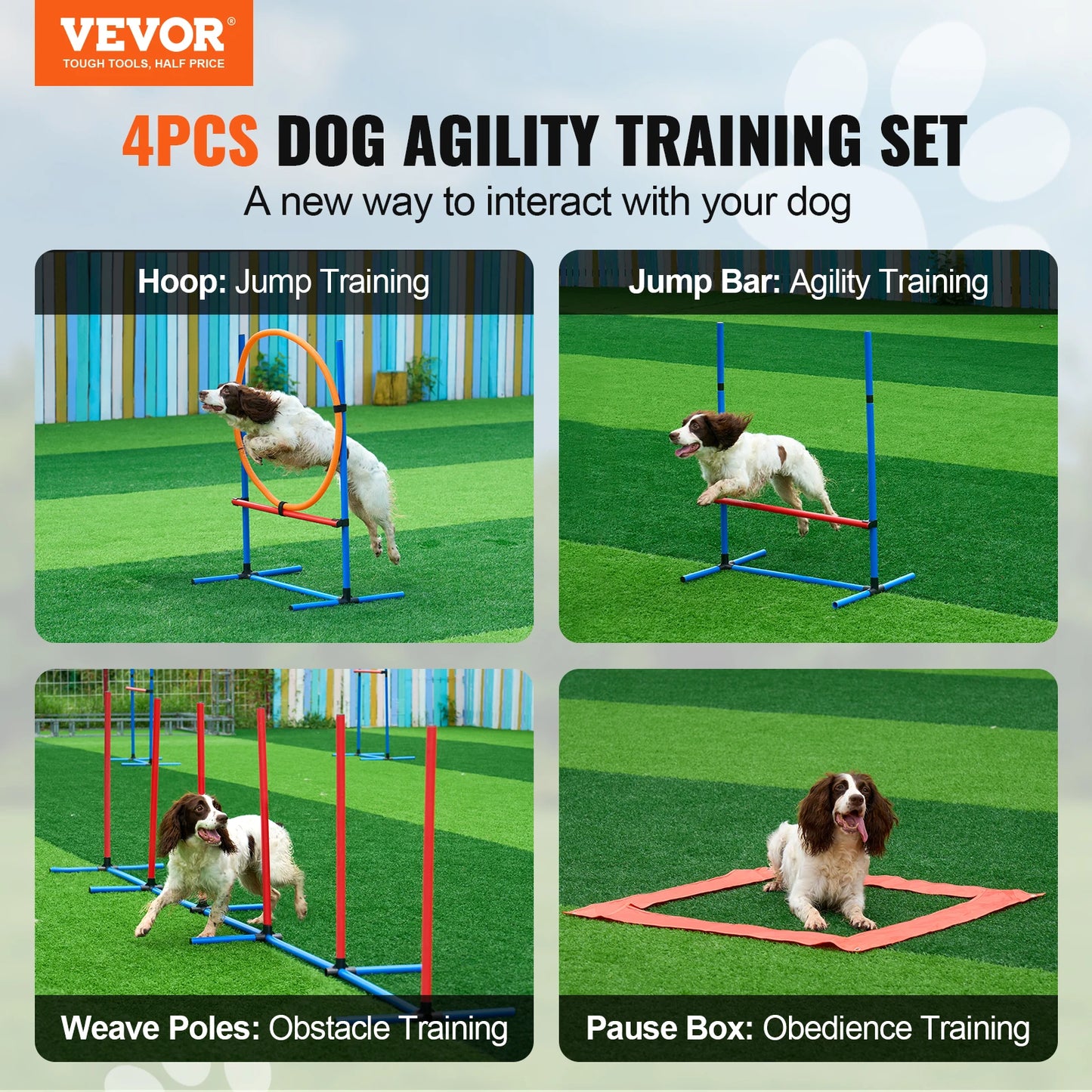 4pcs Pet Dog Agility Training Equipment with Adjustable Hurdles Weave Poles Jump Ring Square Pause Box Whistle