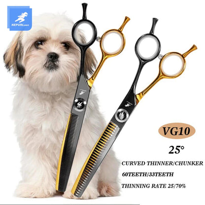 7" Stainless Steel Curved Pet Dog Cat Grooming Thinning Scissors