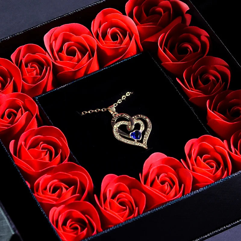 Eternal Soap Rose Flower w Blue Crystal Heart Necklace Pendant Jewelry Gift Box Set