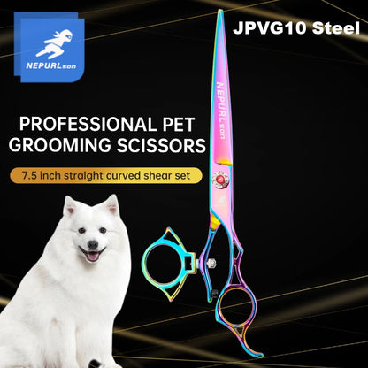 7.5" VG10 Steel Pet Dog Cat Grooming Straight Curved Scissors