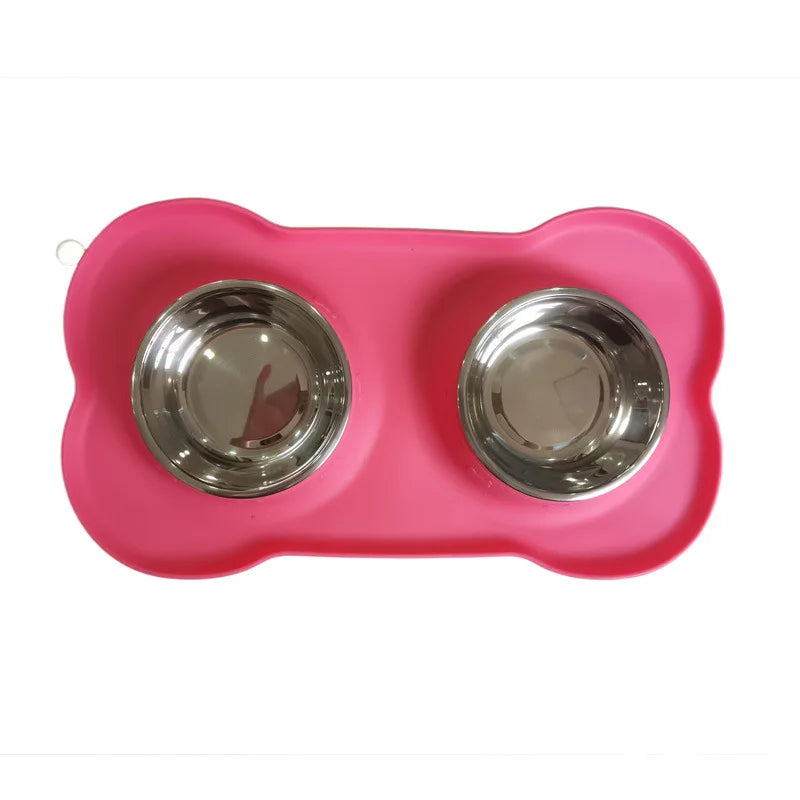 Non Slip Silicone Stainless Steel Double Bowl Pet Dog Cat Water Food Bowl