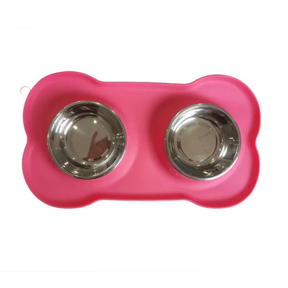 Non Slip Silicone Stainless Steel Double Bowl Pet Dog Cat Water Food Bowl