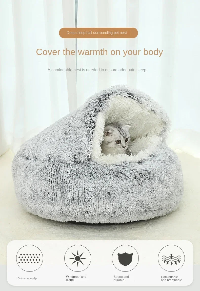 S-XL Winter Warm Shell Semi-Closed Pet Cat Nest Bed Cave