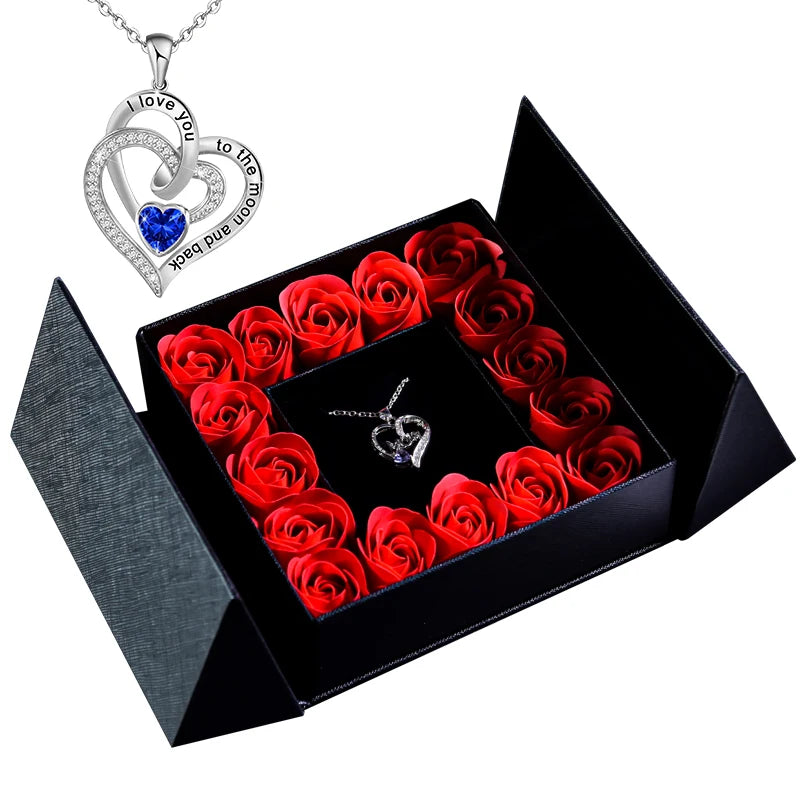 Eternal Soap Rose Flower w Blue Crystal Heart Necklace Pendant Jewelry Gift Box Set