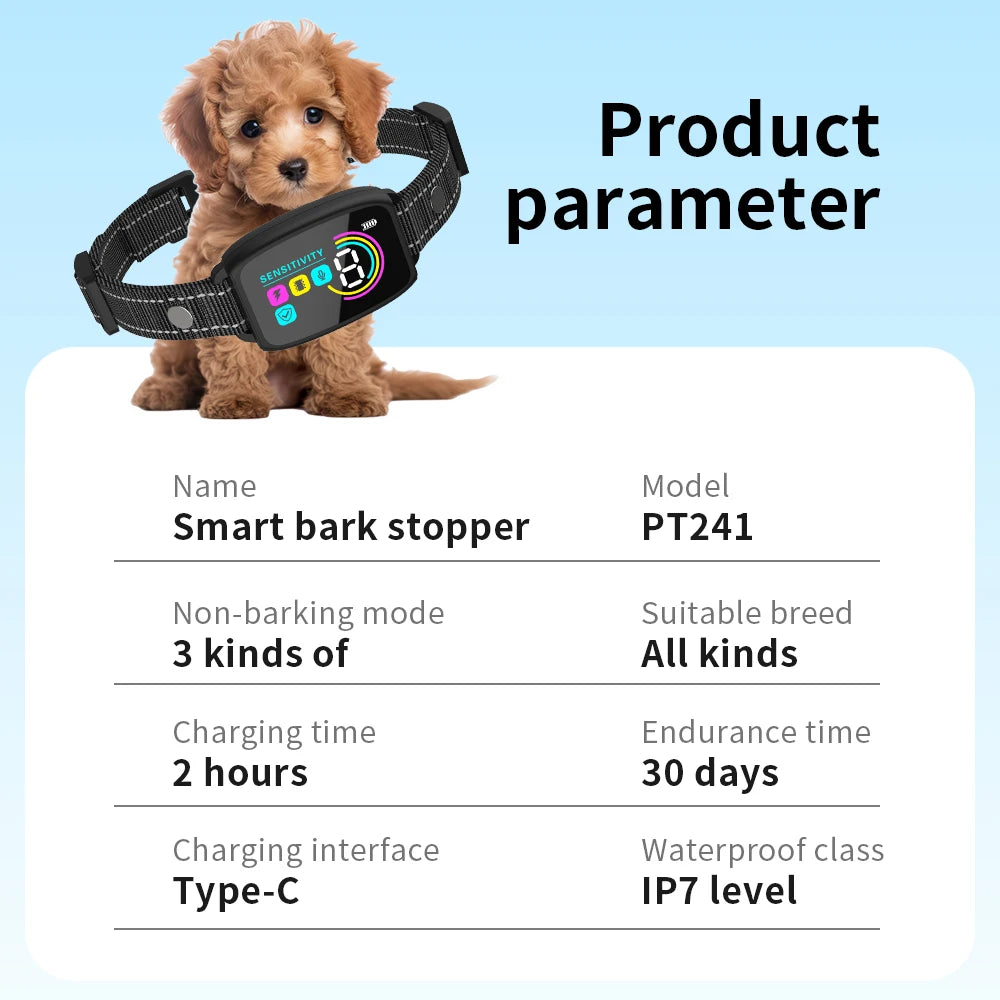 Pet Dog Automatic Anti Bark Training Collar Type-C Rechargeable Waterproof