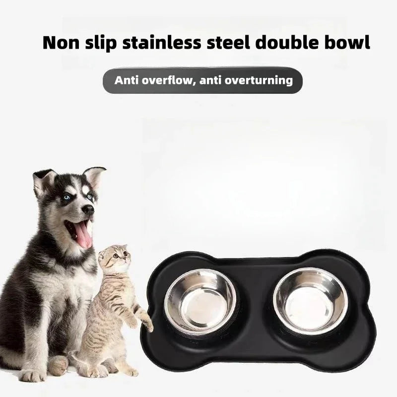 Non Slip Silicone Stainless Steel Double Bowl Pet Dog Cat Water Food Bowl