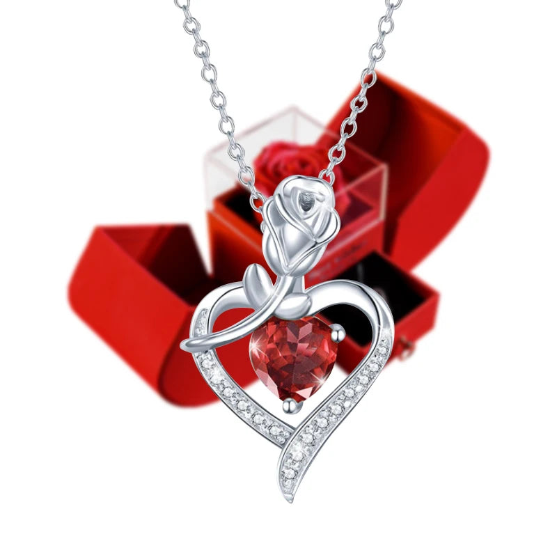 Eternal Rose Box Heart Pendant Necklace Forever Flower Jewelry Gift Set