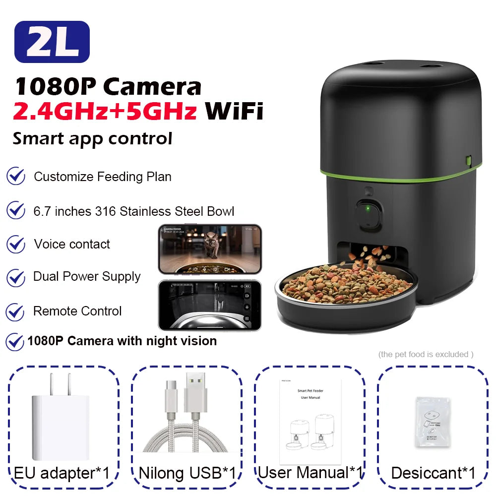 2L Automatic Pet Dog Cat Feeder Food Dispenser with Camera Remote Control WiFi Button