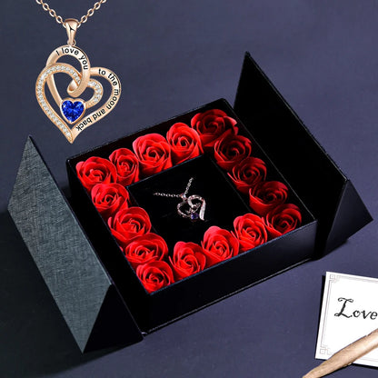 Eternal Soap Rose Flower w Blue Crystal Heart Necklace Pendant Jewelry Gift Box Set