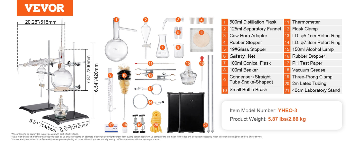 Essential Oil Distillation Kit 500/1000ML Glassware with Alcohol Lamp, 24/40 Joint