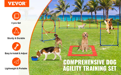 4pcs Pet Dog Agility Training Equipment with Adjustable Hurdles Weave Poles Jump Ring Square Pause Box Whistle